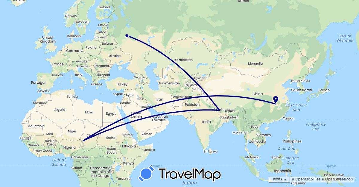 TravelMap itinerary: driving in China, Nepal, Russia, Chad (Africa, Asia, Europe)